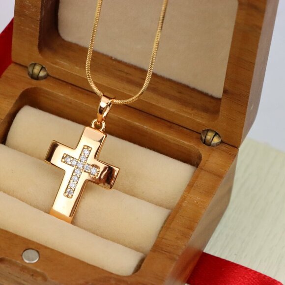 "Rose Gold Cross Pendant with Inset CZ Accents in Glossy Finish, XPPT1847 - Picture 3 of 13
